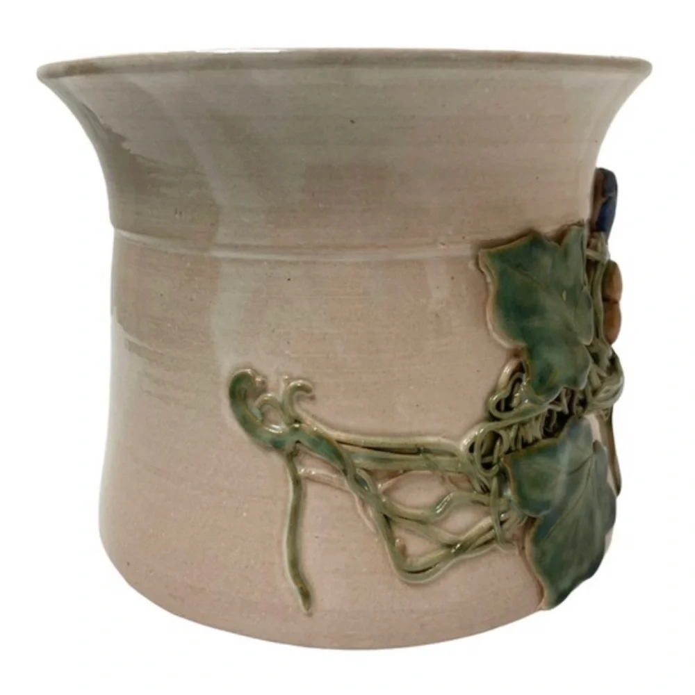 Hand Crafted Pottery Artisan Handmade Adornments Bird Nest Floral Ivy Blue Green